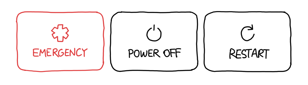 Three buttons: Emergency (in red), Power Off, and
Restart