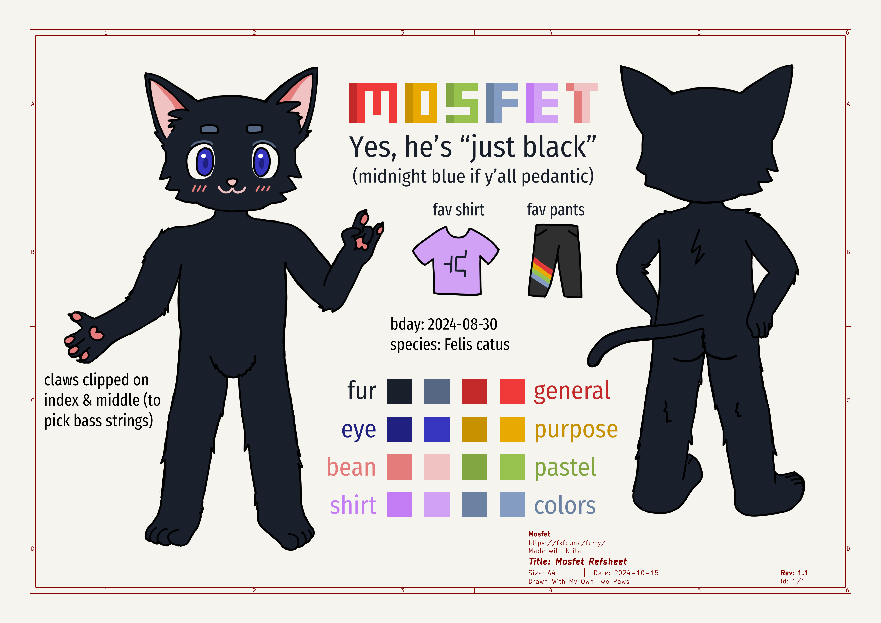 Mosfet's refsheet: an anthropomorphic cat with midnight blue (almost
black) fur.