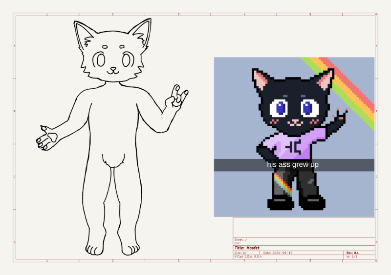 Lineart of Mosfet, next to the pixel art pfp captioned "His ass grew
up"