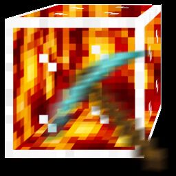 A glass voxel block being broken by a pickaxe. Lava is flowing behind.