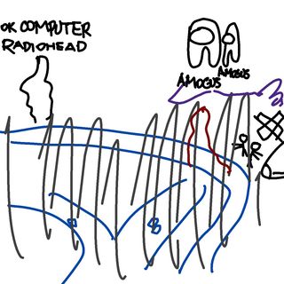 Badly drawn impression of the OK Computer cover. Instead of "lost child" there's amogus