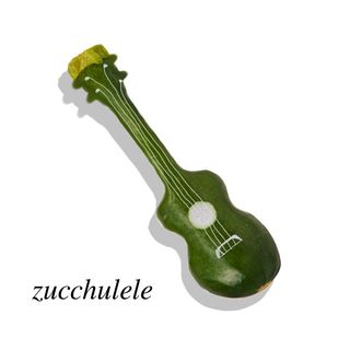 Zucchini liquified to the shape of a ukulele with badly drawn strings