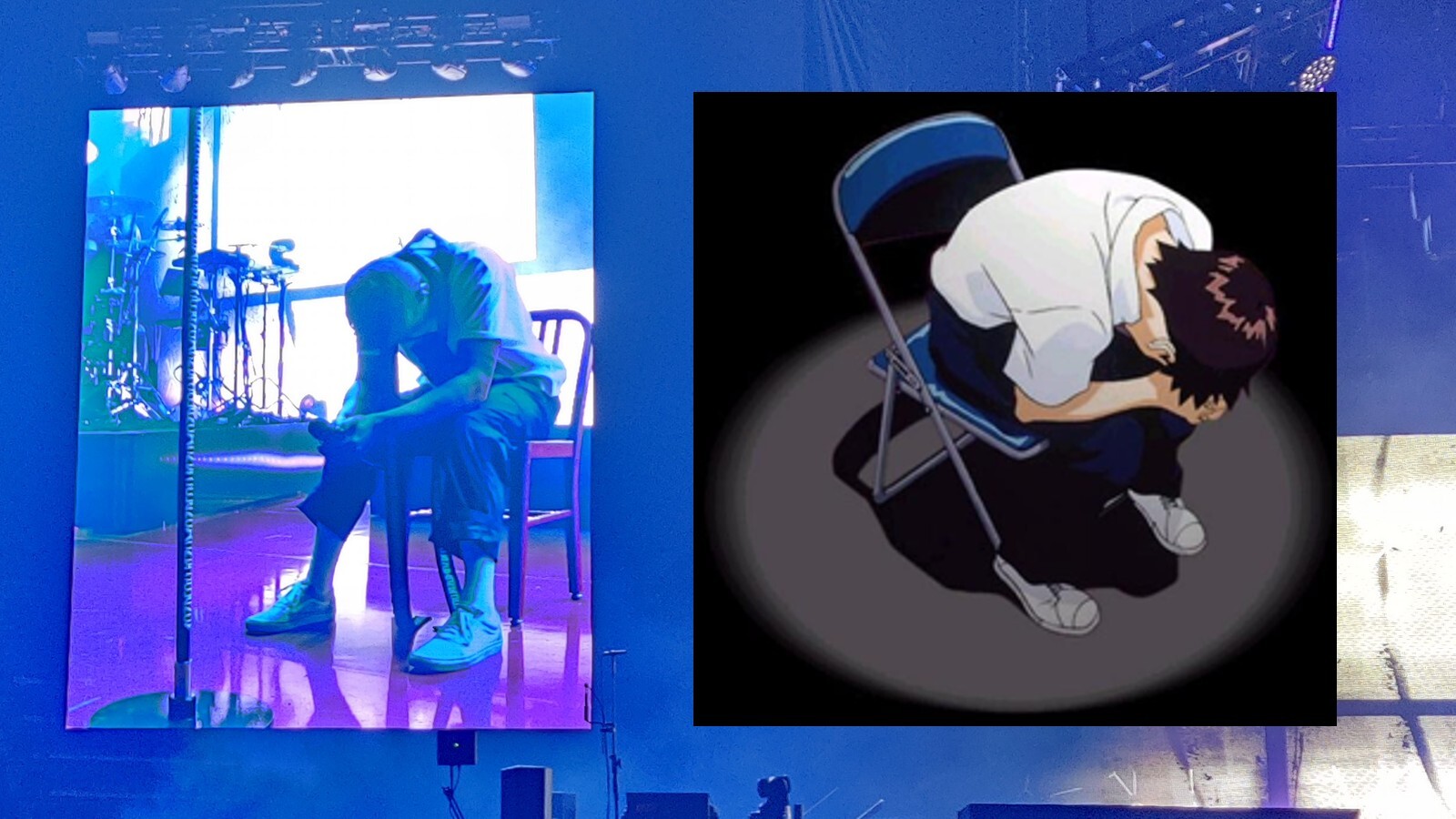 Left: Tyler sits on a chair with head drooping. Right: Shinji Ikari from
Neon Genesis Evangelion does the same
thing