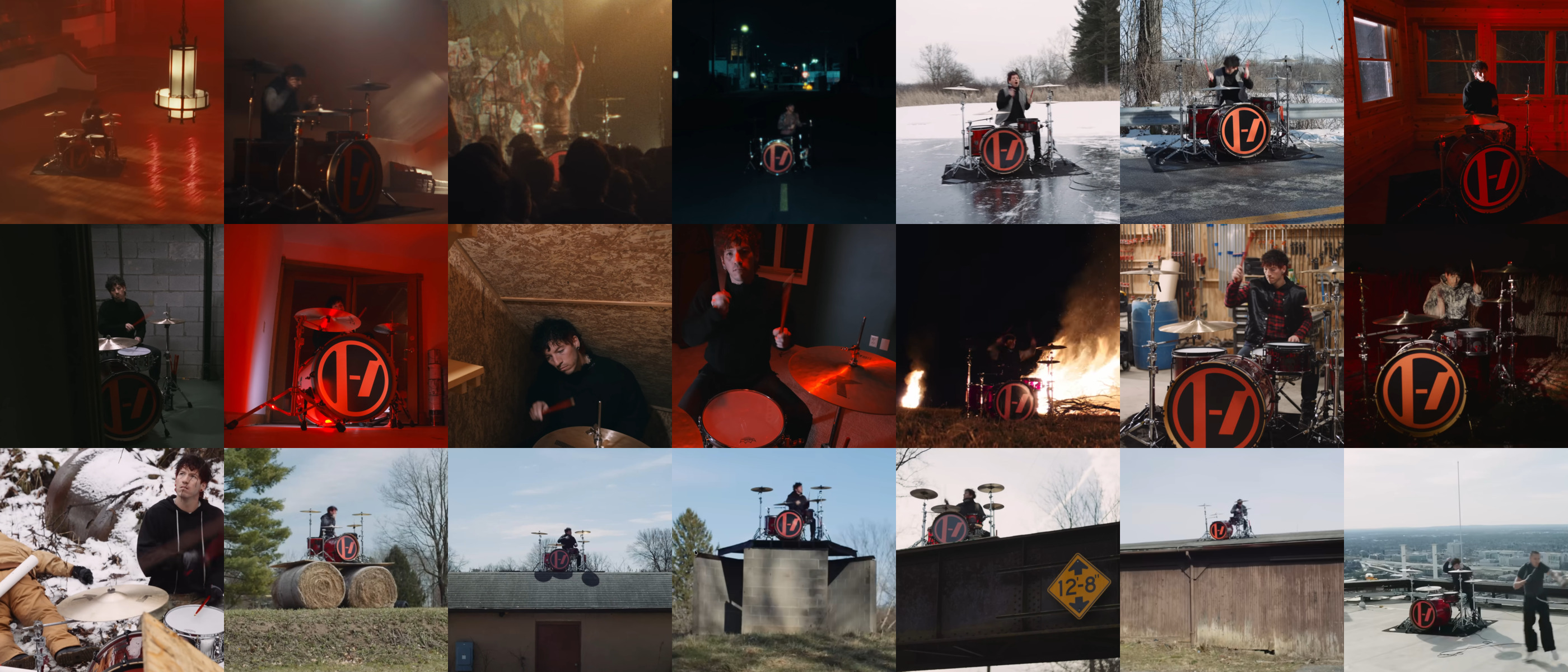 Montage of Josh drumming in random places, including music hall, attic,
punk venue, road at night, frozen lake, road in day, bedroom, storage
room, living room, much smaller attic, bedroom, burning field, workshop,
field (not burning), snow (next to a dead body), a plank atop two
haypiles, roof, roof, steel beam over a road marked 12'-8", roof, on top
of the Hexion building downtown
Columbus