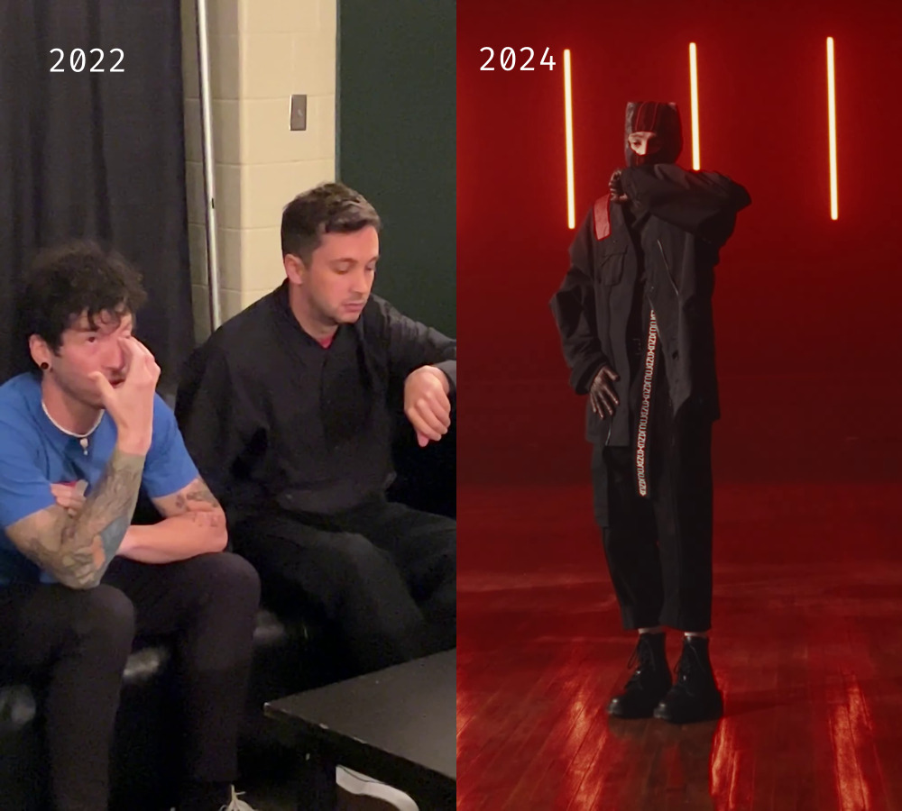 Left: Tyler sits on a couch and looks at his wrist; right: Tyler stands
in a red light and looks at his wrist