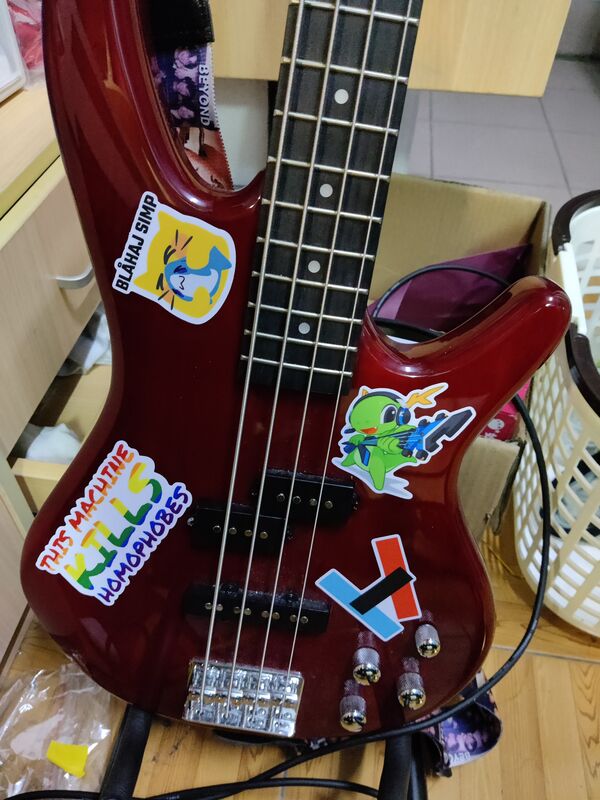 Body of a red bass with stickers of Konqi, twenty one pilots, "Blåhaj
Simp" and "This Machine Kills Homophobes"