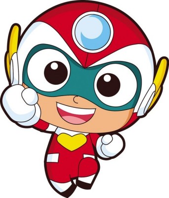 开心宝贝 ("Happy Baby"), a juvenile cartoon superhero in a helmet and
mask, doing the classical superman flying
pose