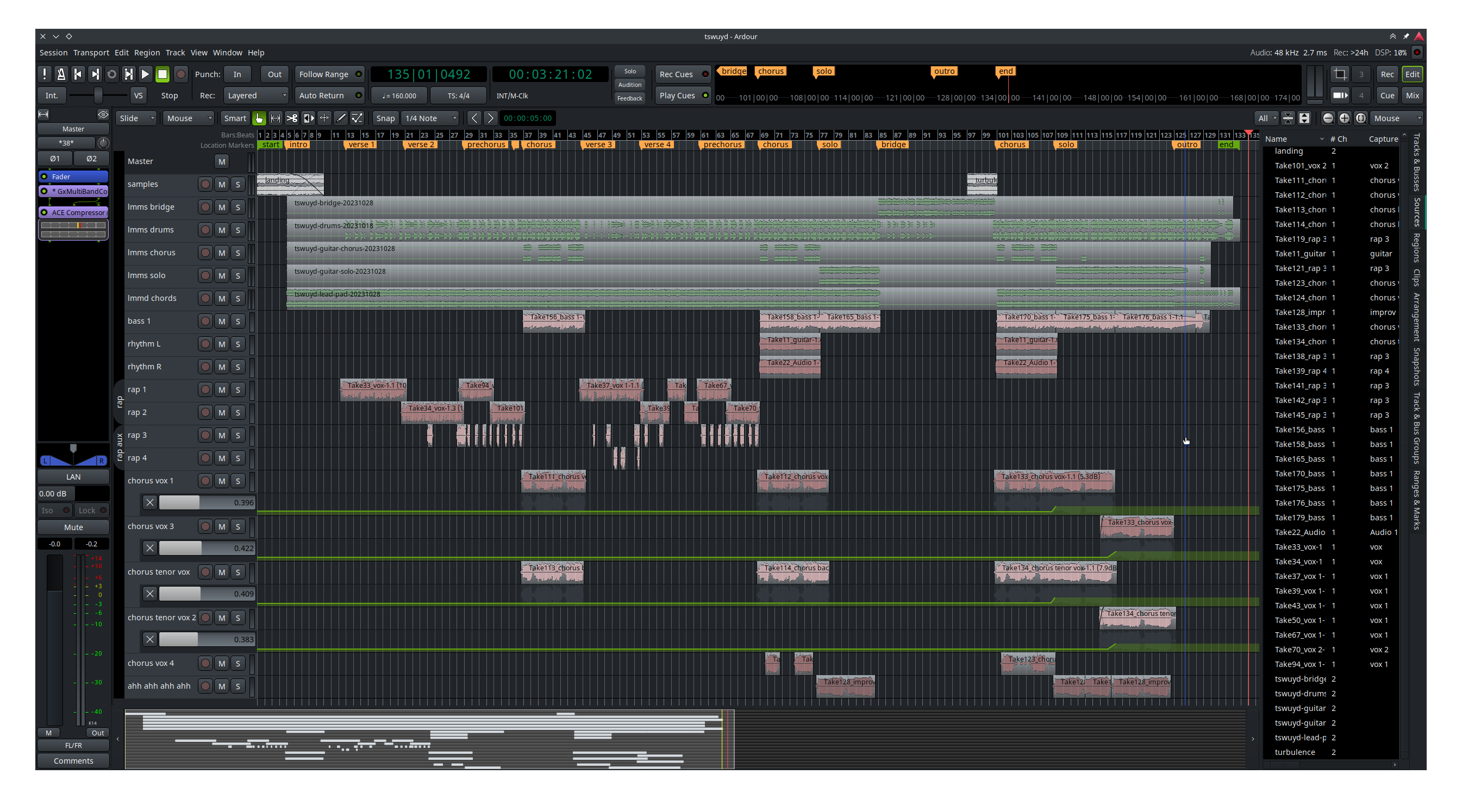 Ardour editor window. There are 19 tracks total.