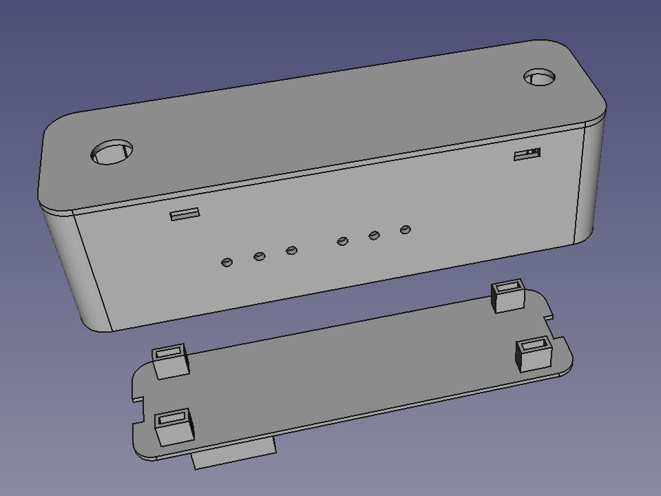 A rendering of a box, its bottom side separated. There are many holes of
varying shapes and sizes on top and on its side.