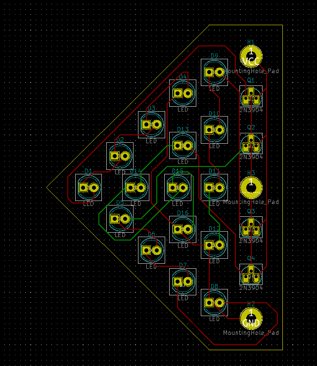 A PCB design consisting of 16x 5mm THT LEDs in a triangle-ish board outline
