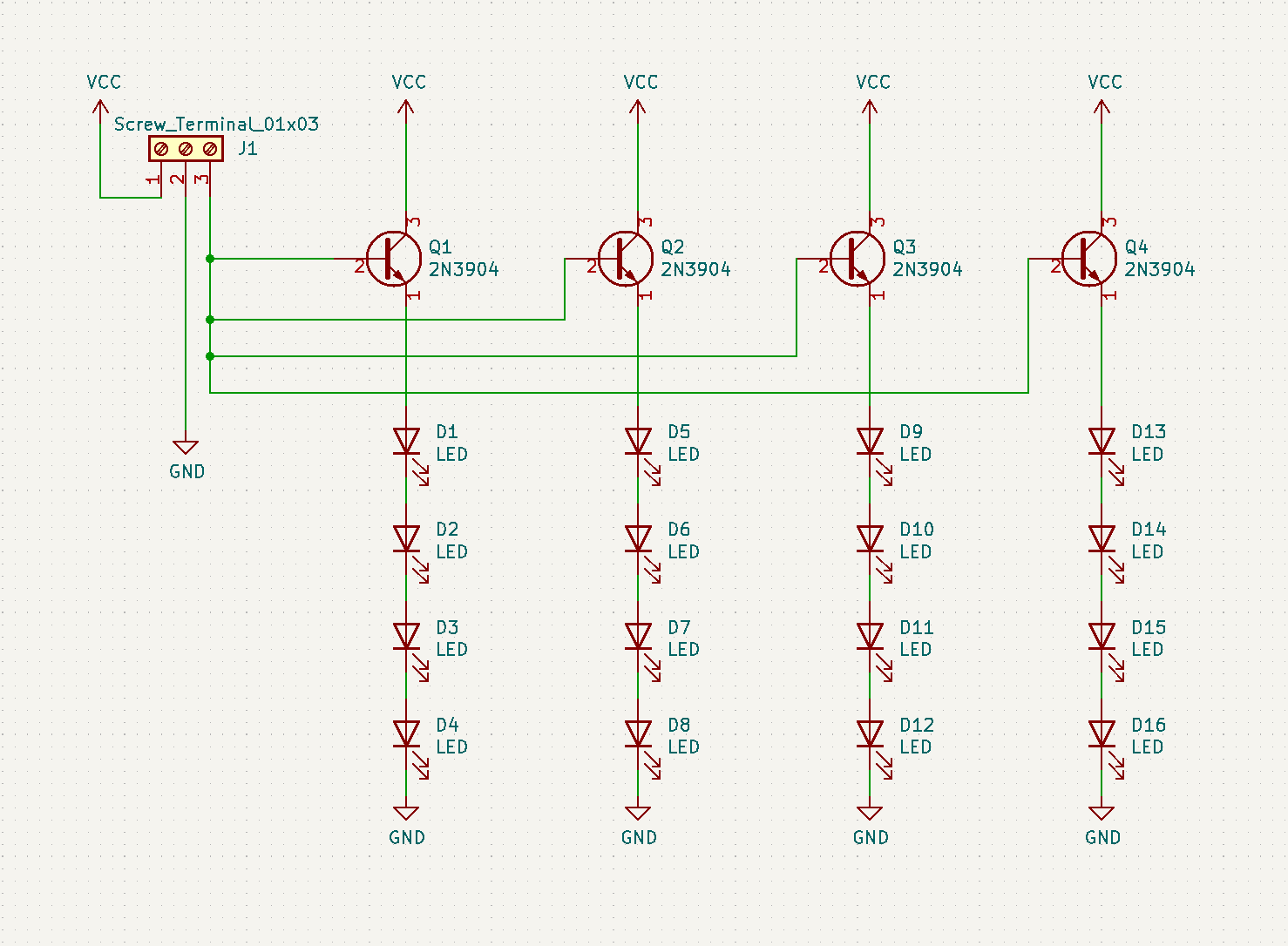 16 LEDs, each four in series connected to a 2N3904