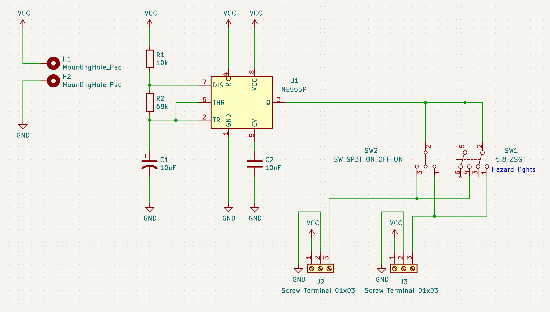 555 IC in an RC circuit, plus several controls and outputs