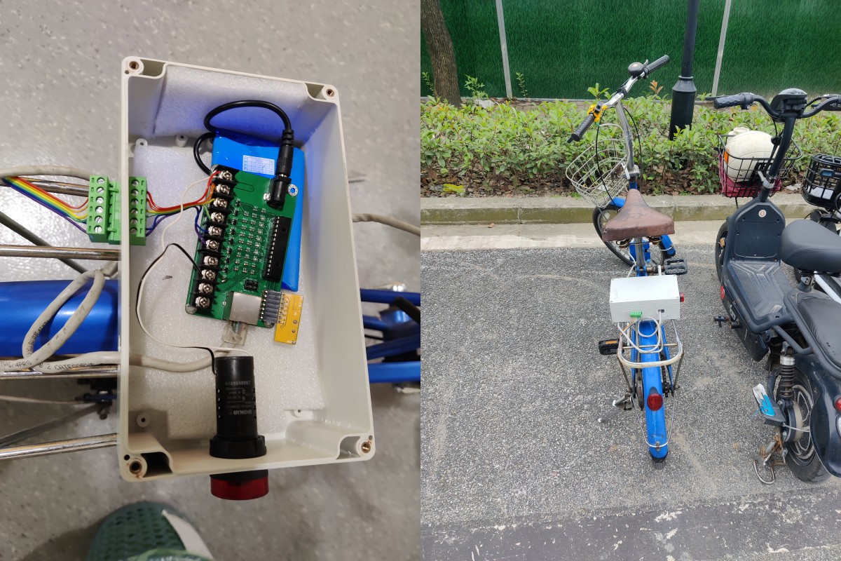 Left: interior of a box, containing a PCB on top of a lithium battery.
Right: same box mounted to a bike