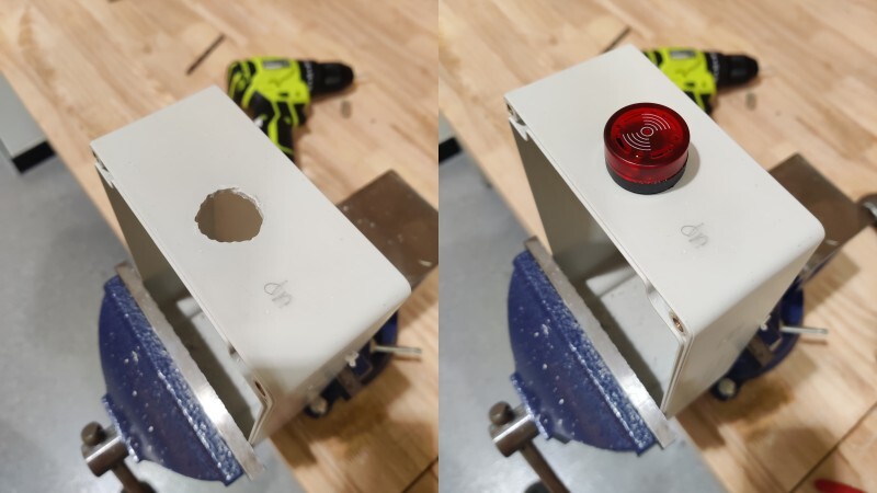 Left: a badly drilled hole on the box. Right: buzzer inserted to said
hole.