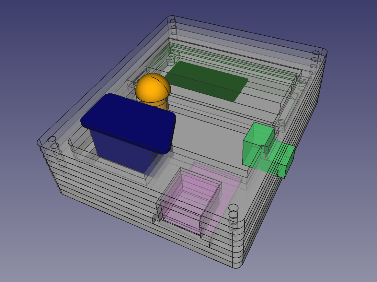 CAD rendering. A stack of boards with parts sandwiched
in.