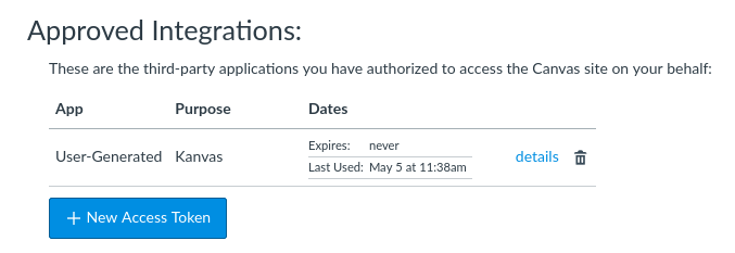 An access token under section heading "Approved Integrations". A button
below is labeled "New Access Token".