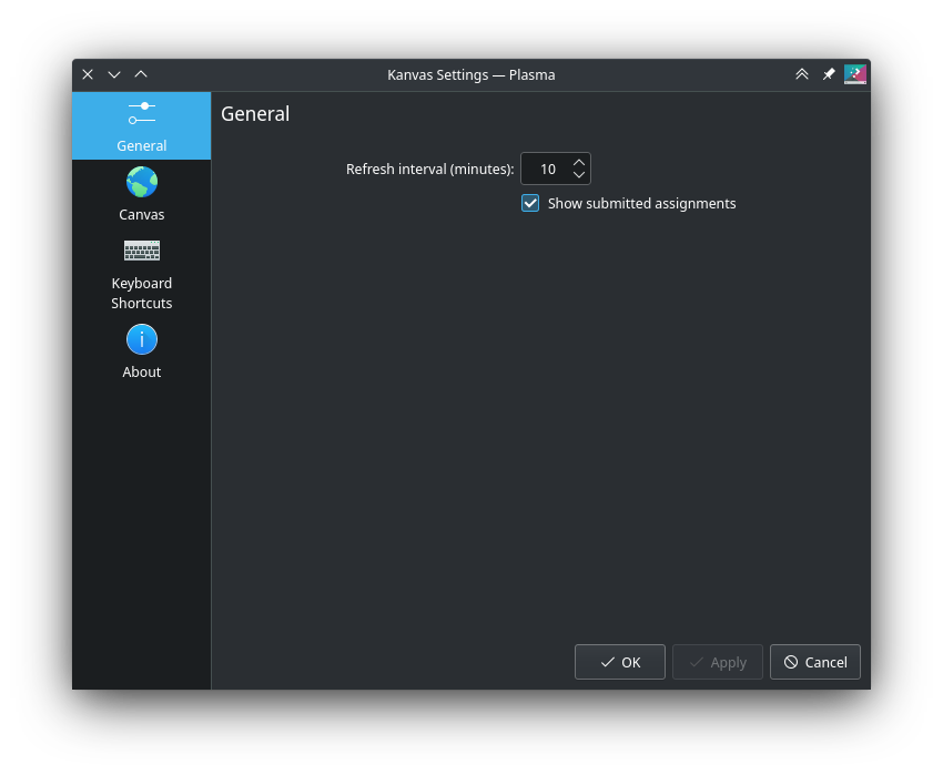 General config page: "Refresh interval" set to 10 minutes, checkbox
"Show submitted assignments"