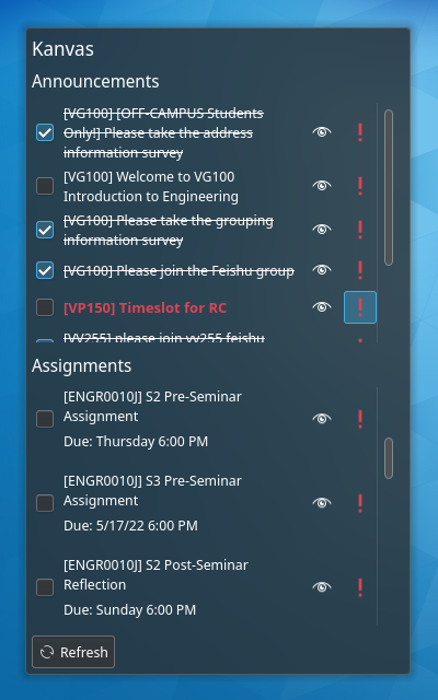 Rectangular widget split vertically into "Announcements" and
"Assignments". An announcement is marked important, i.e. bold red. Several
are checked and stricken through. Each assignment has its due date shown
underneath.