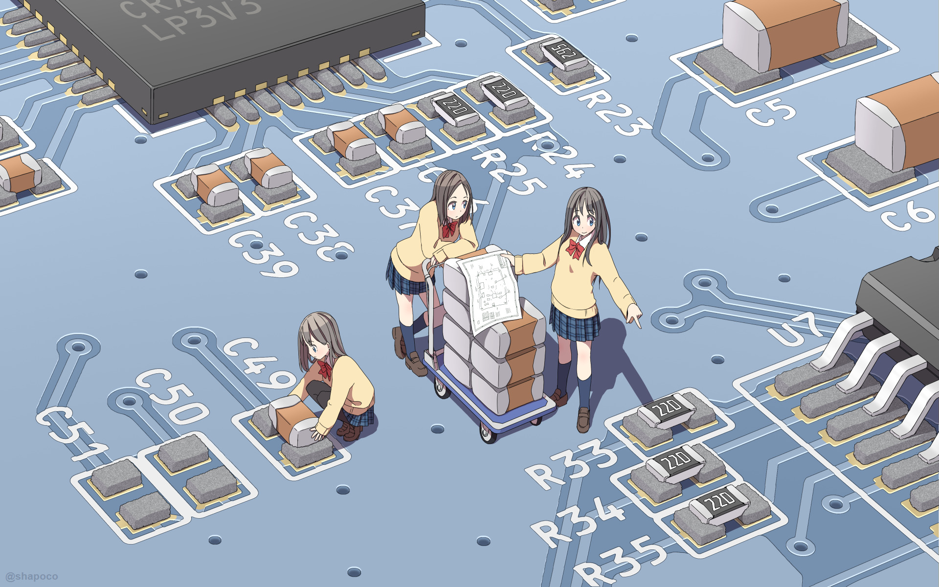 Microscopic anime girls placing SMD parts on a blue
PCB