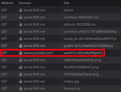screenshot of a GET request to https://www.youtube.com/watch?v=dQw4w9WgXcQ in devtools