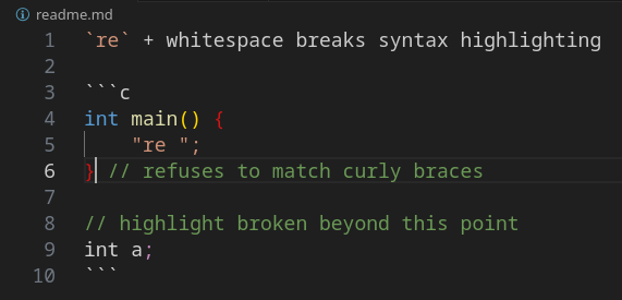 Some C code in a Markdown code block, containing a string literal "re ".
Highlighter refuses to match curly braces surrounding it, and completely
stops working below.