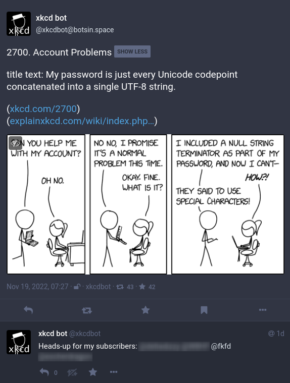 A Mastodon post with comic number, title, title text, xkcd.com URL and
explainxkcd URL; a reply below reads "Heads-up for my subscribers:" then
a bunch of users