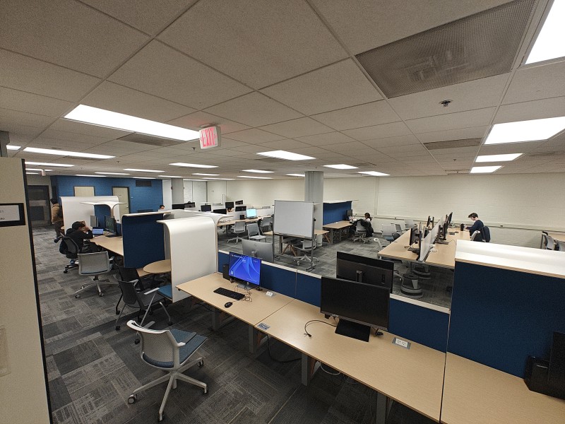 Rows of tables against a wall, and another island row of
tables