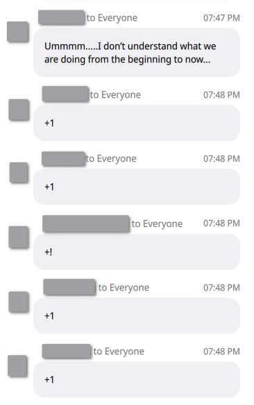 Zoom chatbox. An attendee says "Ummmm.....I don't understand what we are
doing from the beginning to now..." and five more say "+1"