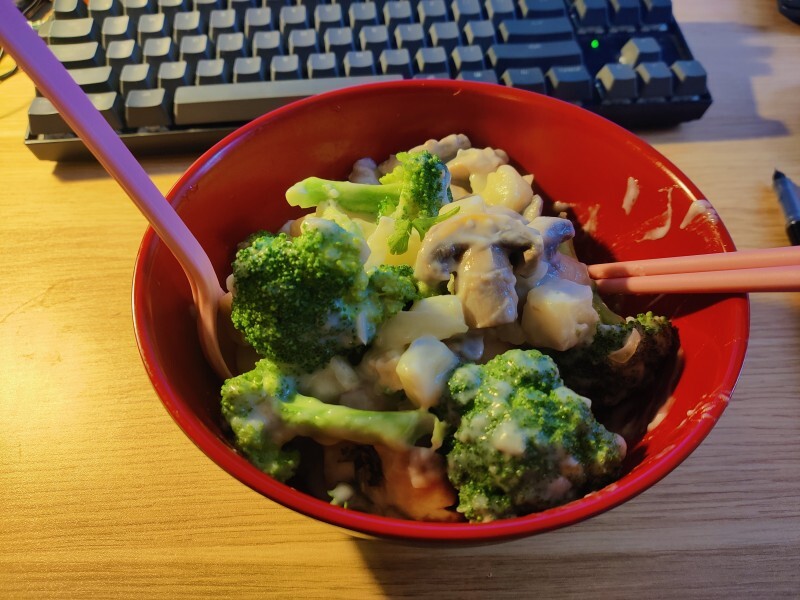 Gooey mixture of potato and
broccoli