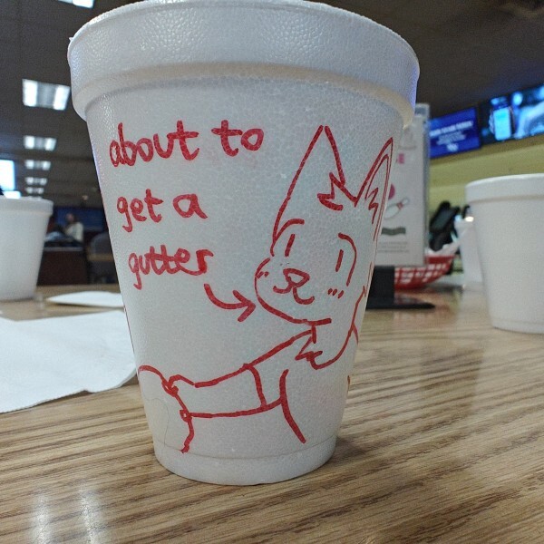 Styrofoam cup with a cat playing bowling and the text "about to get
a gutter" drawn on it