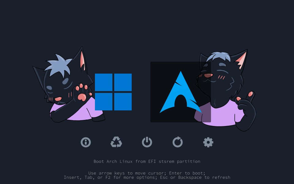 Screenshot of rEFInd (EFI bootloader) showing Windows and Arch as two
options. On the Windows side Mosfet holds up his palm rejecting it, but on
the Arch side he raises his head and makes a check mark with his
handpaw