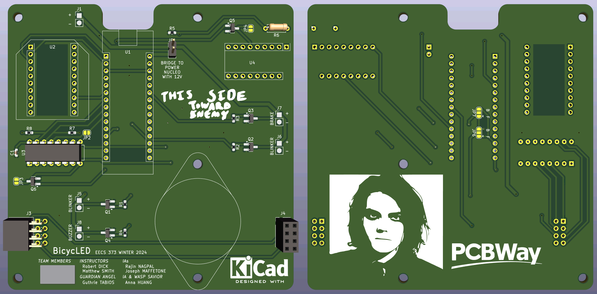 Front and back of PCB, rendered in KiCad