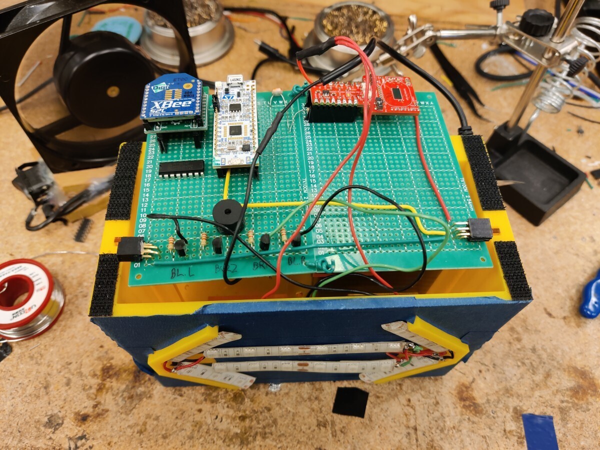 Protoboard with a bunch of parts soldered on
it