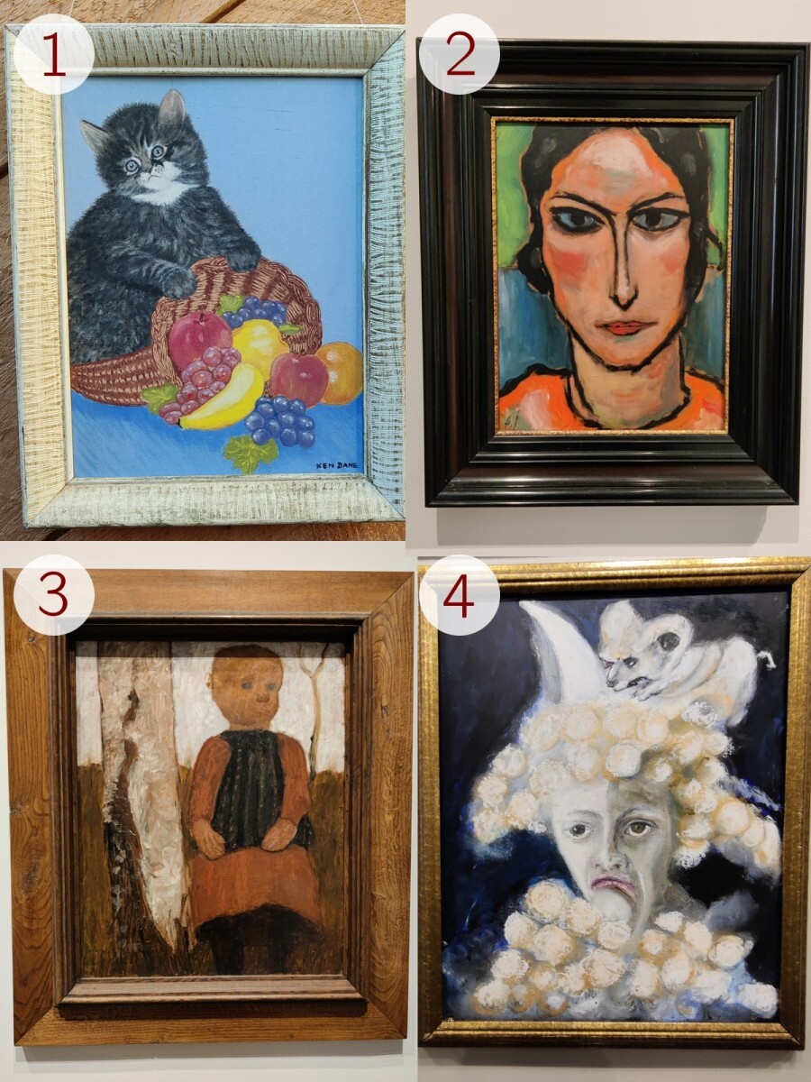Four paintings. 1: a tabby cat resting paws on a basket of fruit. 2:
a frowning lady drawn with crude lines. 3: a bald child with blurry facial
features. 4: a frowning lady with a rodent-like thing on her
head.
