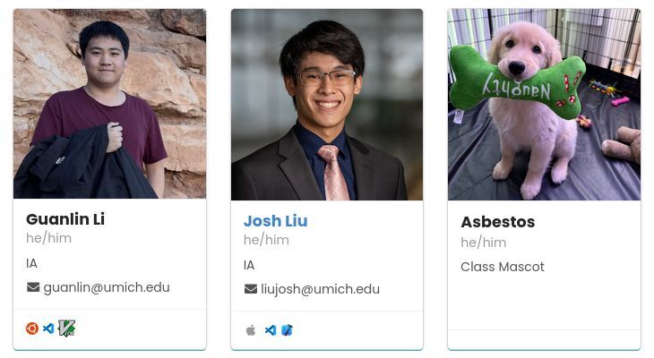 Screenshot of 370 website showing Asbestos (he/him) as the Class
Mascot