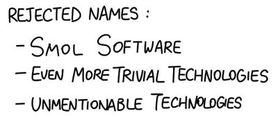 Rejected names: "Smol Software", "Even More Trivial Technologies", "Unmentionable Technologies"